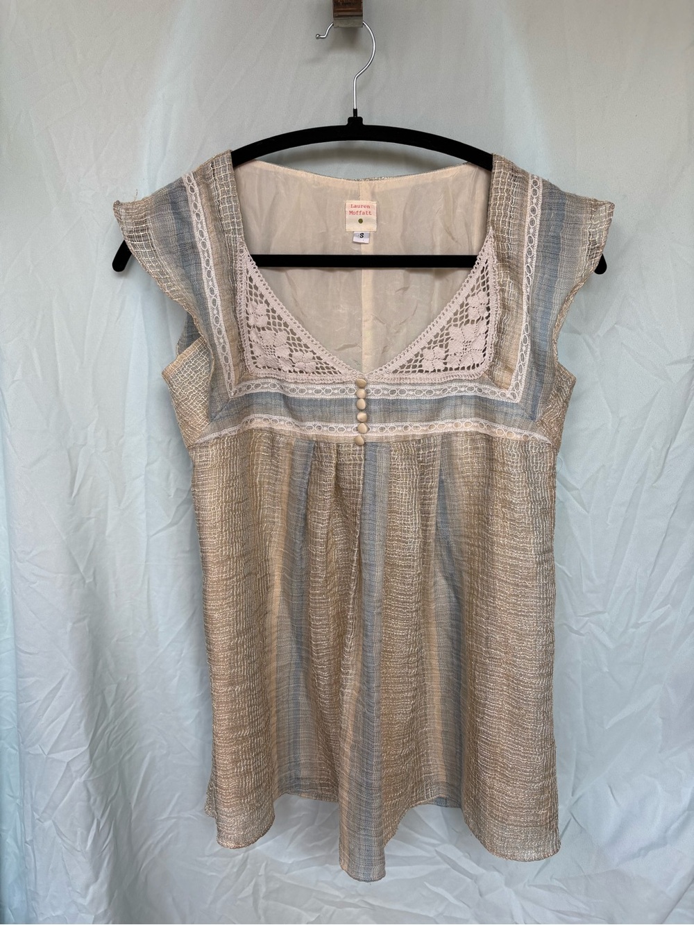 Anthropologie-Lauren Moffat Beige and Light Blue Lace-Trim Top